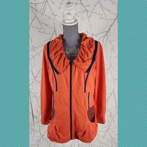 Due +2 Orange Cotton Blend Ruched Collar Zip Up Jacket